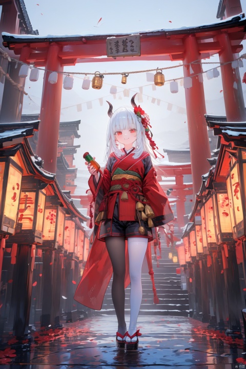  1girl, red_eyes, shide, bottle, flower, solo, white_hair, hair_ornament, holding, bird, bell, white pantyhose, shorts,  red_flower, hair_bell, black_shorts, looking_at_viewer, holding_bottle, breasts, wide_sleeves, horns, smile, lantern, outdoors, rope, cup, sakazuki, signature, white pantyhose, multicolored_hair, food, jingle_bell, red_hair, long_sleeves, japanese_clothes, sake_bottle, torii, holding_cup