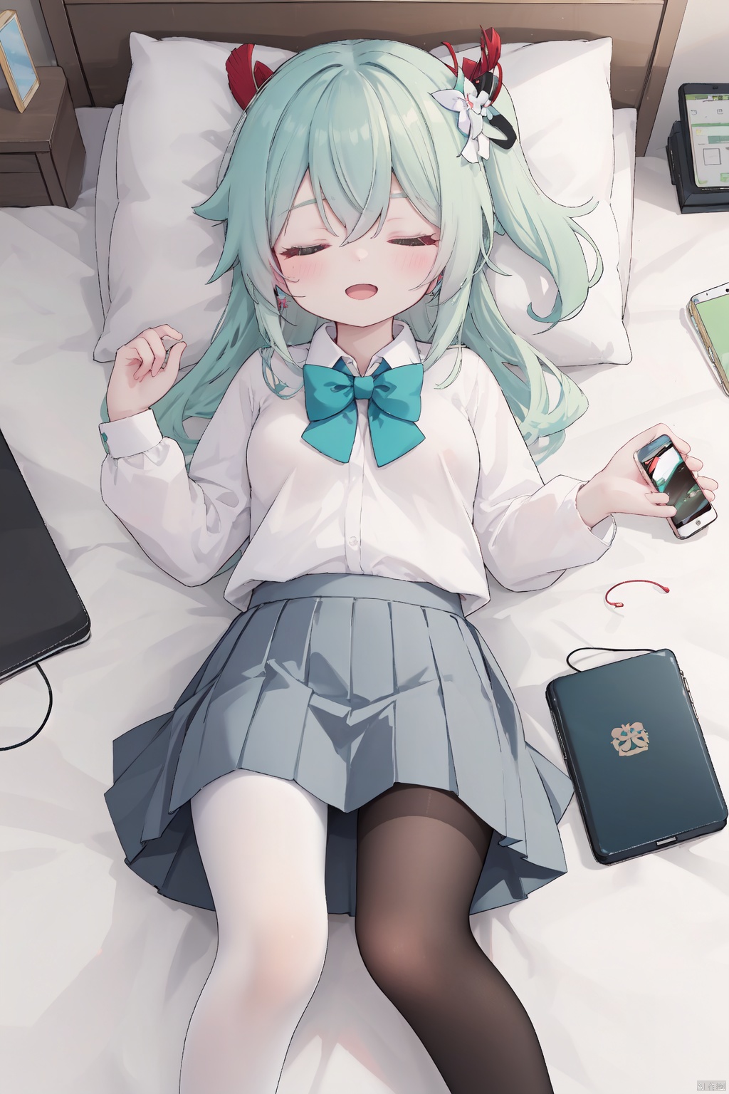 masterpiece,best quality,high quality,(colorful),[Artist onineko],[Artist chen bin],[Artist agwing86],Artist minato ojitan, 1girl, solo, lying, phone, on back, cellphone, skirt, closed eyes, bow, pillow, smartphone, white pantyhose, shirt, hair ornament, pleated skirt, sleeping, earphones, white shirt, school uniform, on bed, indoors, long hair, bowtie, blush, bed, hairclip, toeless_legwear, long sleeves, grey skirt, earbuds, breasts,open mouth, bag, school bag, collared shirt, no shoes, open skirt, small breasts, wooden floor, from above, black bowtie, white hair,green hair,hair ornament, gradient hair,nahida (genshin impact)