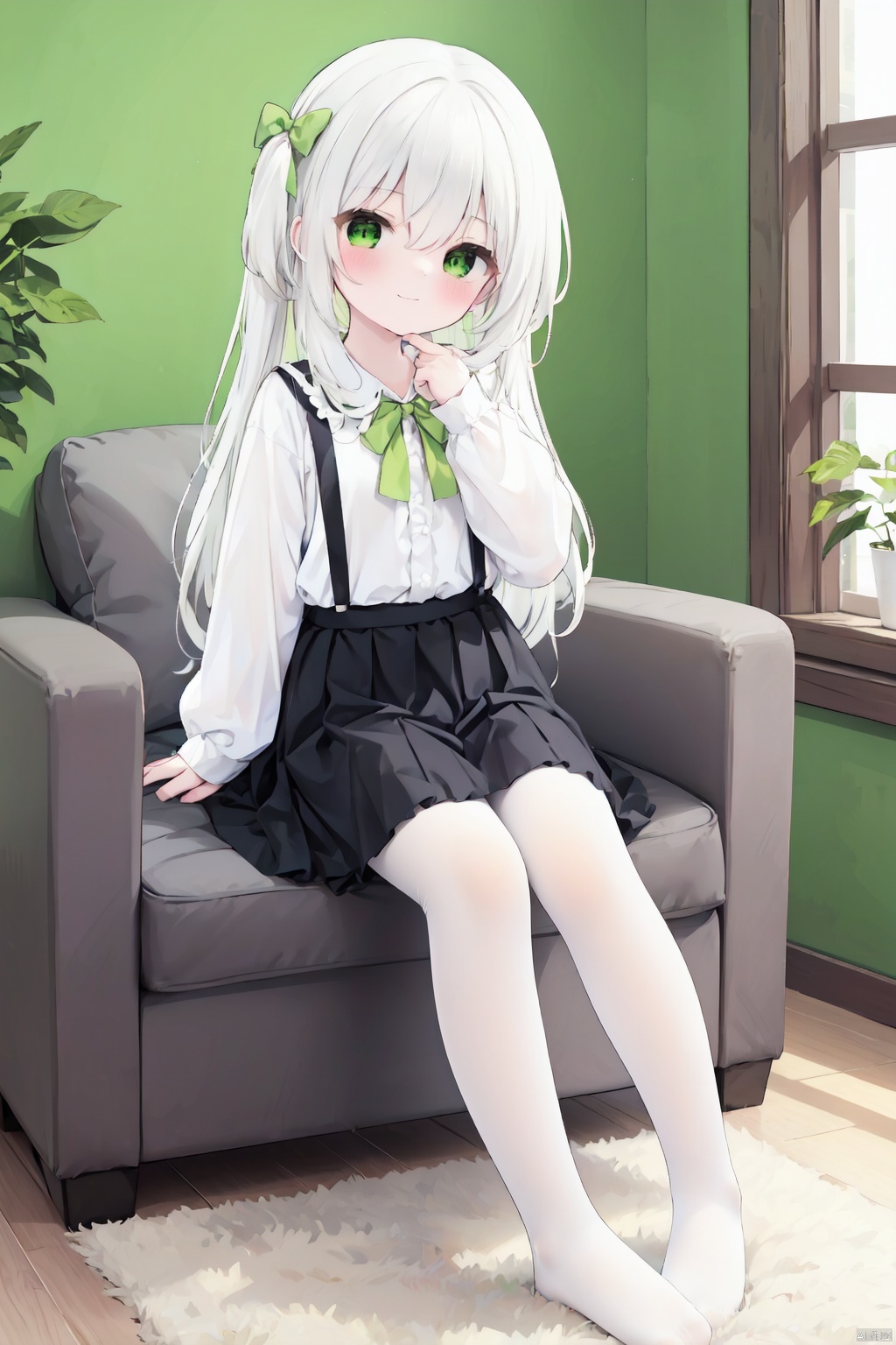 1girl, solo, pantyhose, green eyes, white pantyhose, center frills, long hair, long sleeves, frills, bow, no shoes, sitting, shirt, hair between eyes, skirt, white shirt, smile, chair, bangs, hair bow, looking at viewer, very long hair, closed mouth, blush, frilled skirt, on chair, sleeves past wrists, full body, indoors, black skirt, suspender skirt, green theme, green bow, white bow, feet, plant, white hair, puffy long sleeves, day, suspenders, 30710
