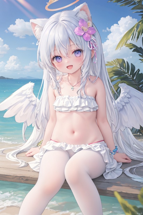  masterpiece,best quality,high quality,(colorful),[Artist miwano rag],[Artist chen bin],[Artist wlop],Artist momomoi momoi, 1girl, solo, hair ornament, azusa (blue archive), swimsuit, hair flower, bikini, long hair, flower, necklace, jewelry, frilled bikini, looking at viewer, frills, hair between eyes, blush, open mouth, smile, wings, halo, bow, bead necklace, strapless, beads, ahoge, bare shoulders, strapless bikini, outdoors, purple flower, official alternate costume, knees up, crossed bangs, white hair,white pantyhose,toeless_legwear