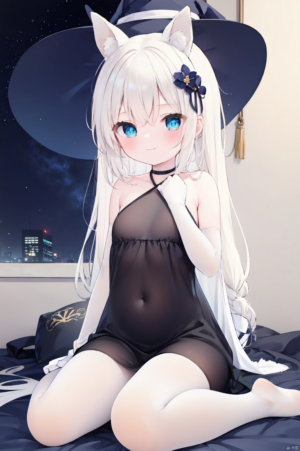 1girl, pleasant, loli, solo, animal ears, (horse ears:1.4), perfect face, round face, (perfect hands), (long straight hair), hair ornament, blue rose, bangs, hair between eyes,closed mouth, gentle smile, witch hat, (halter neck, strapless dress, sleeveless dress, (see-through)), covered breasts, bare shoulder, sleeveless), gown, neck jewelry, lace, elegant, elbow gloves, gold_trim,white pantyhose,toeless_legwear, full body, sitting in the sky,head slit, small breasts, starry sky, night