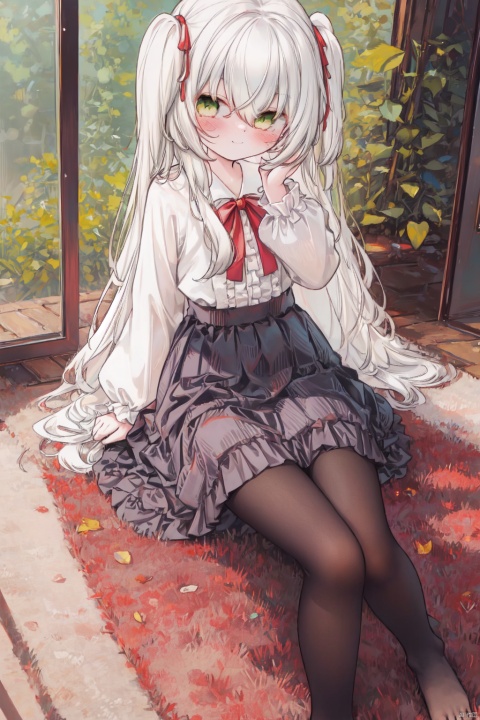 masterpiece,best quality,high quality,(colorful),1girl, solo, long hair, white pantyhose,toeless_legwear, green eyes, sitting, skirt, long sleeves, no shoes, looking at viewer, white hair, smile, white shirt, closed mouth, shirt, blush, frills, bow, hair between eyes, center frills, hair bow, full body, chair, plant, very long hair, frilled skirt, ribbon, indoors, sleeves past wrists, puffy sleeves