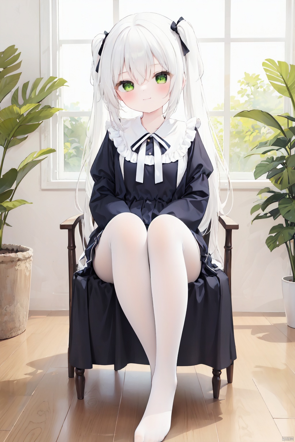  masterpiece,best quality,high quality,(colorful),1girl, solo, long hair, white pantyhose,toeless_legwear, green eyes, sitting, skirt, long sleeves, no shoes, looking at viewer, white hair, smile, white shirt, closed mouth, shirt, blush, frills, bow, hair between eyes, center frills, hair bow, full body, chair, plant, very long hair, frilled skirt, ribbon, indoors, sleeves past wrists, puffy sleeves