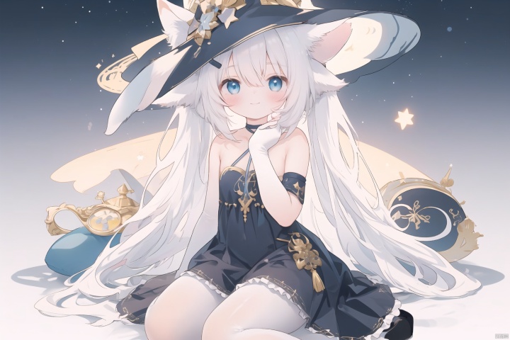 1girl, pleasant, loli, solo, animal ears, (horse ears:1.4), perfect face, round face, (perfect hands), (long straight hair), hair ornament, blue rose, bangs, hair between eyes,closed mouth, gentle smile, witch hat, (halter neck, strapless dress, sleeveless dress, (see-through)), covered breasts, bare shoulder, sleeveless), gown, neck jewelry, lace, elegant, elbow gloves, gold_trim,white pantyhose,toeless_legwear, full body, sitting in the sky,head slit, small breasts, starry sky, night