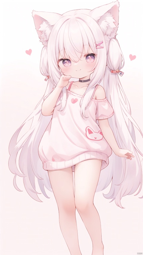  petite, loli, solo, animal ears, heart, puffy short sleeves, white hair, long hair, off shoulder, bangs, hair ornament, gradient background,rainbow gradient, x hair ornament, animal ear fluff, looking at viewer, very long hair, blush, smile, cat ears, bare shoulders, collarbone, hand up, gradient sweater, hair between eyes, symbol-shaped pupils, arm up, heart-shaped pupils, hairclip, medium breasts, salute, bare legs,full body
