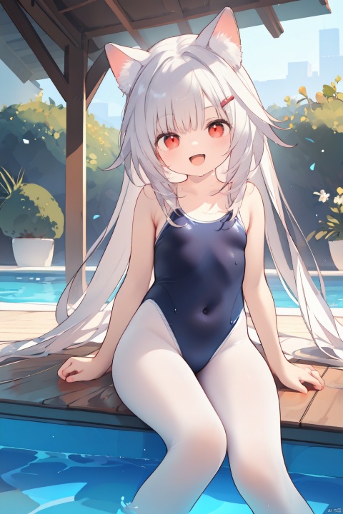  nai3,1girl,white hair,red eyes,1girl, solo, swimsuit, long_hair, pool, one-piece_swimsuit, smile, looking_at_viewer, school_swimsuit, open_mouth, breasts, wet, bangs, :d, water, white_hair, poolside, bare_arms, blush, bare_shoulders, small_breasts, black_one-piece_swimsuit, arm_support, blue_one-piece_swimsuit, collarbone, sidelocks, tile_floor, tiles, very_long_hair,best quality, amazing quality, very aesthetic, absurdres,white pantyhose