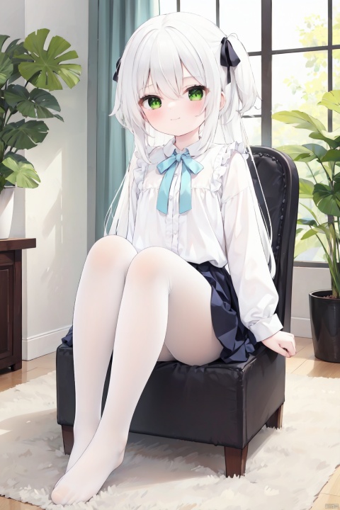  masterpiece,best quality,high quality,(colorful),1girl, solo, long hair, white pantyhose,toeless_legwear, green eyes, sitting, skirt, long sleeves, no shoes, looking at viewer, white hair, smile, white shirt, closed mouth, shirt, blush, frills, bow, hair between eyes, center frills, hair bow, full body, chair, plant, very long hair, frilled skirt, ribbon, indoors, sleeves past wrists, puffy sleeves