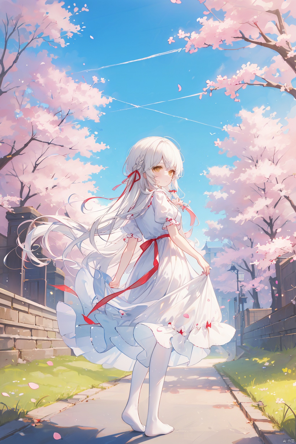 masterpiece,best quality,high quality,loli,1girl, solo, long hair, looking at viewer, blush, bangs, white pantyhose, dress, ribbon, brown eyes, very long hair, closed mouth, standing, full body, yellow eyes, white hair, short sleeves, outdoors, sky,no shoes, day, puffy sleeves, looking back, cloud, from behind, white dress,no shoes, red ribbon, tree, blue sky, puffy short sleeves, petals, cherry blossoms, skirt hold,