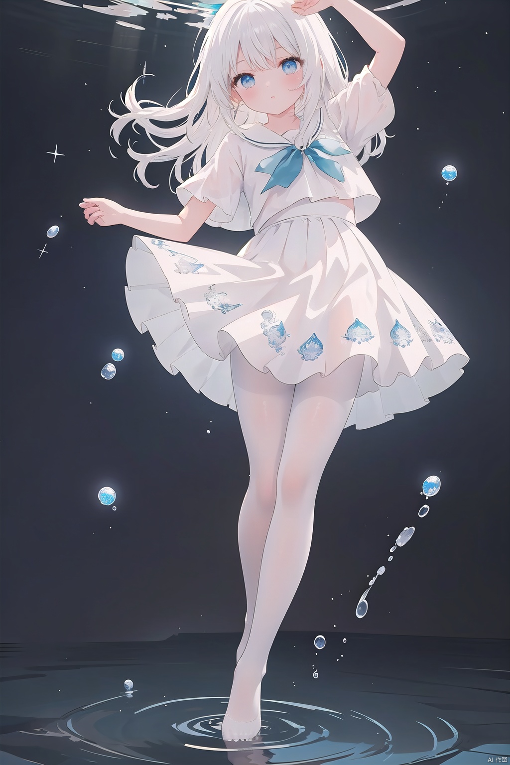 Multi layer white lace skirt,on  water surface, full body picture, white,pantyhose,stepping on the water surface, ripples, falling from the sky to the water surface, white haired blue eyed girl, jellyfish head, two strands of long hair, starry sky, dancing posture, blue courtesy, toeless_legwear