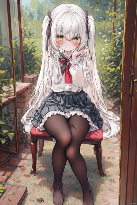  masterpiece,best quality,high quality,(colorful),1girl, solo, long hair, white pantyhose,toeless_legwear, green eyes, sitting, skirt, long sleeves, no shoes, looking at viewer, white hair, smile, white shirt, closed mouth, shirt, blush, frills, bow, hair between eyes, center frills, hair bow, full body, chair, plant, very long hair, frilled skirt, ribbon, indoors, sleeves past wrists, puffy sleeves