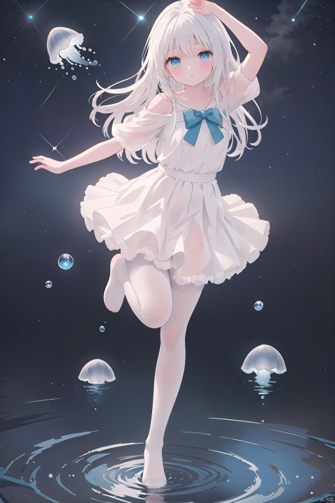 Multi layer white lace skirt,on  water surface, full body picture, white,pantyhose,stepping on the water surface, ripples, falling from the sky to the water surface, white haired blue eyed girl, jellyfish head, two strands of long hair, starry sky, dancing posture, blue courtesy, toeless_legwear