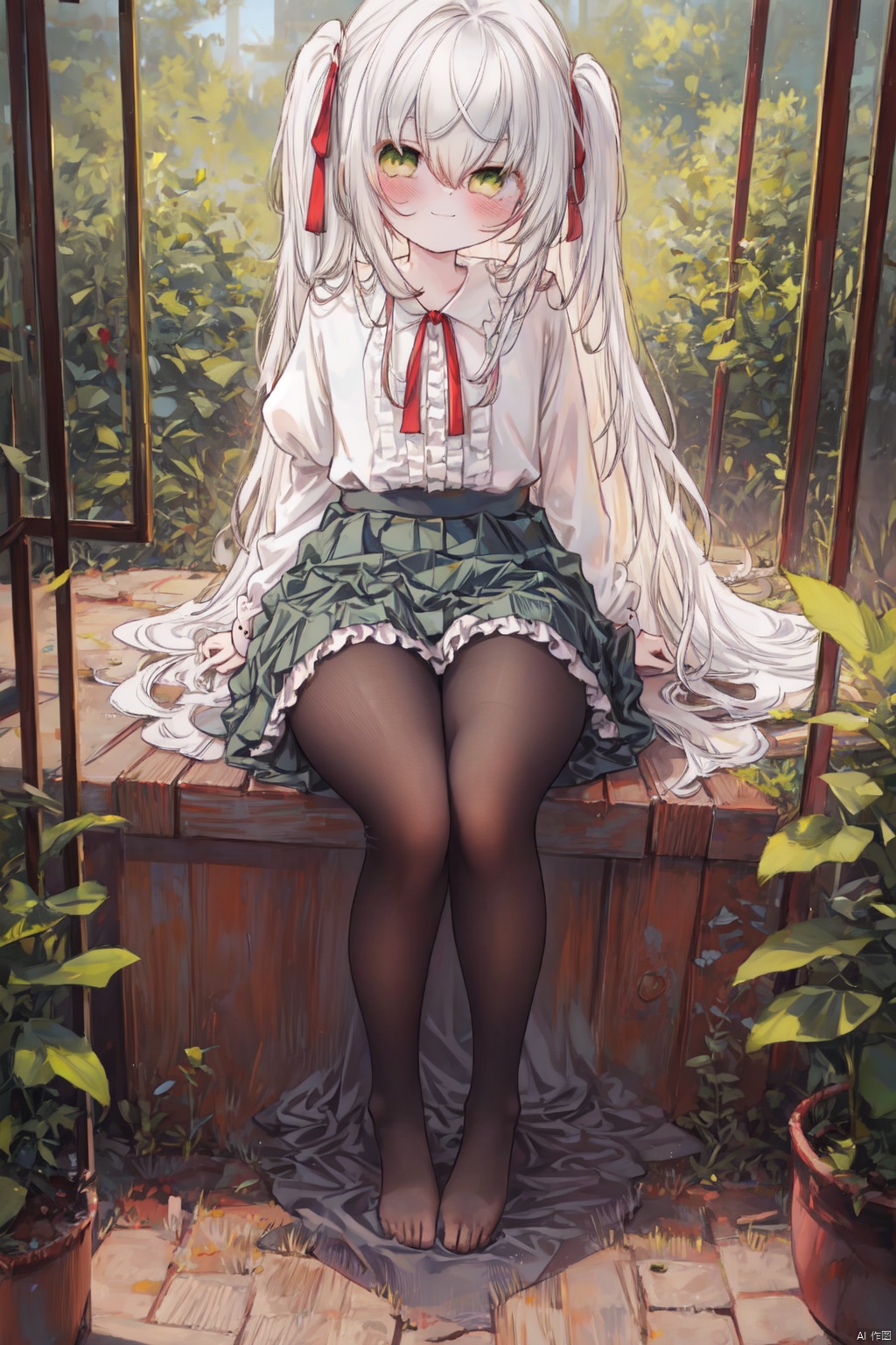  masterpiece,best quality,high quality,(colorful),1girl, solo, long hair, white pantyhose,toeless_legwear, green eyes, sitting, skirt, long sleeves, no shoes, looking at viewer, white hair, smile, white shirt, closed mouth, shirt, blush, frills, bow, hair between eyes, center frills, hair bow, full body, chair, plant, very long hair, frilled skirt, ribbon, indoors, sleeves past wrists, puffy sleeves