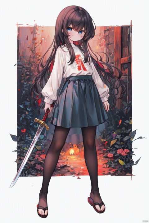  masterpiece,best quality,high quality,(colorful),[Artist onineko],[Artist chen bin],[Artist agwing86],Artist xukong, 1girl, solo, weapon, long hair, blue eyes, holding weapon, sword, holding, holding sword, looking at viewer, black hair, skirt, shirt, white shirt, long sleeves, black pantyhose,toeless_legwear