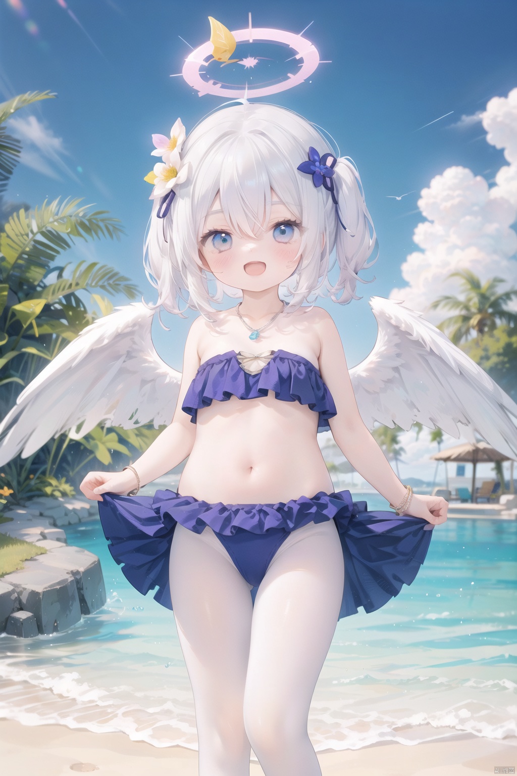  masterpiece,best quality,high quality,(colorful),[Artist miwano rag],[Artist chen bin],[Artist wlop],Artist momomoi momoi, 1girl, solo, hair ornament, azusa (blue archive), swimsuit, hair flower, bikini, long hair, flower, necklace, jewelry, frilled bikini, looking at viewer, frills, hair between eyes, blush, open mouth, smile, wings, halo, bow, bead necklace, strapless, beads, ahoge, bare shoulders, strapless bikini, outdoors, purple flower, official alternate costume, knees up, crossed bangs, white hair,white pantyhose,toeless_legwear