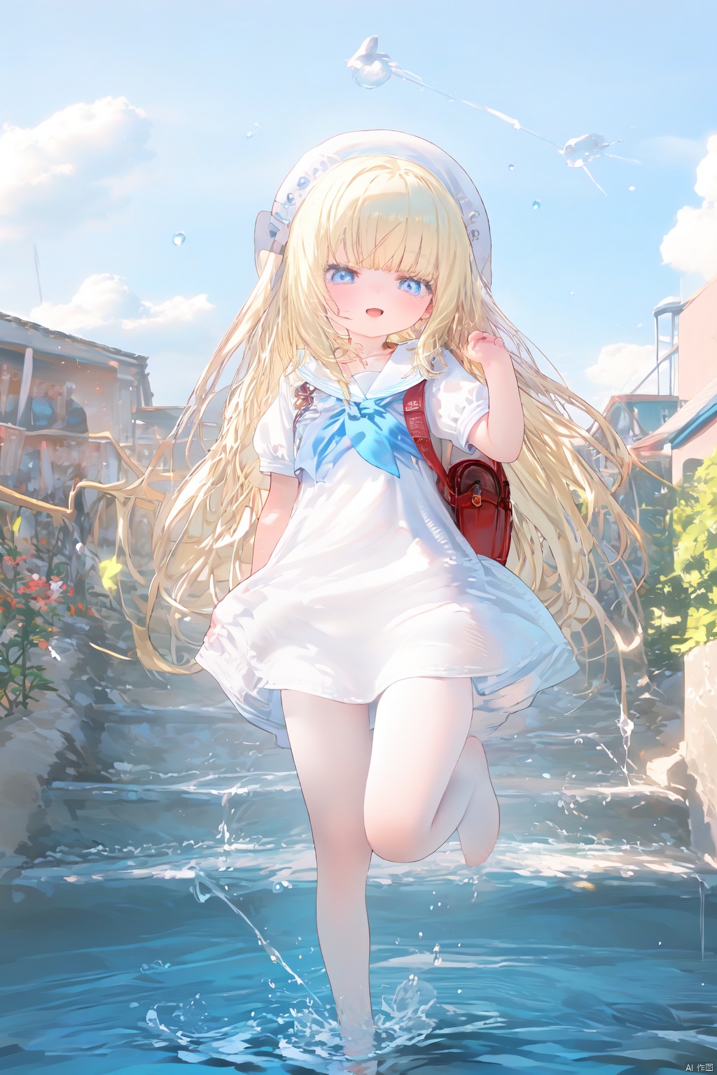 1girl, solo, white headwear, outdoors, rainbow, dress, day, long hair, sailor dress, short sleeves, hat, blonde hair, puffy short sleeves, shoes, puffy sleeves, sailor collar, open mouth, water drop, white dress, sky, loafers, blush, very long hair, blue sky, cloud, beret, backpack, smile, bag,white pantyhose, standing on one leg, :d, standing, bangs, fang, neckerchief, red neckerchief, ahoge, stone stairs, depth of field, cloudy sky, looking at viewer, blue eyes, blurry, blue sailor collar, black sailor collar, outstretched arms,(no shoes),toeless_legwear