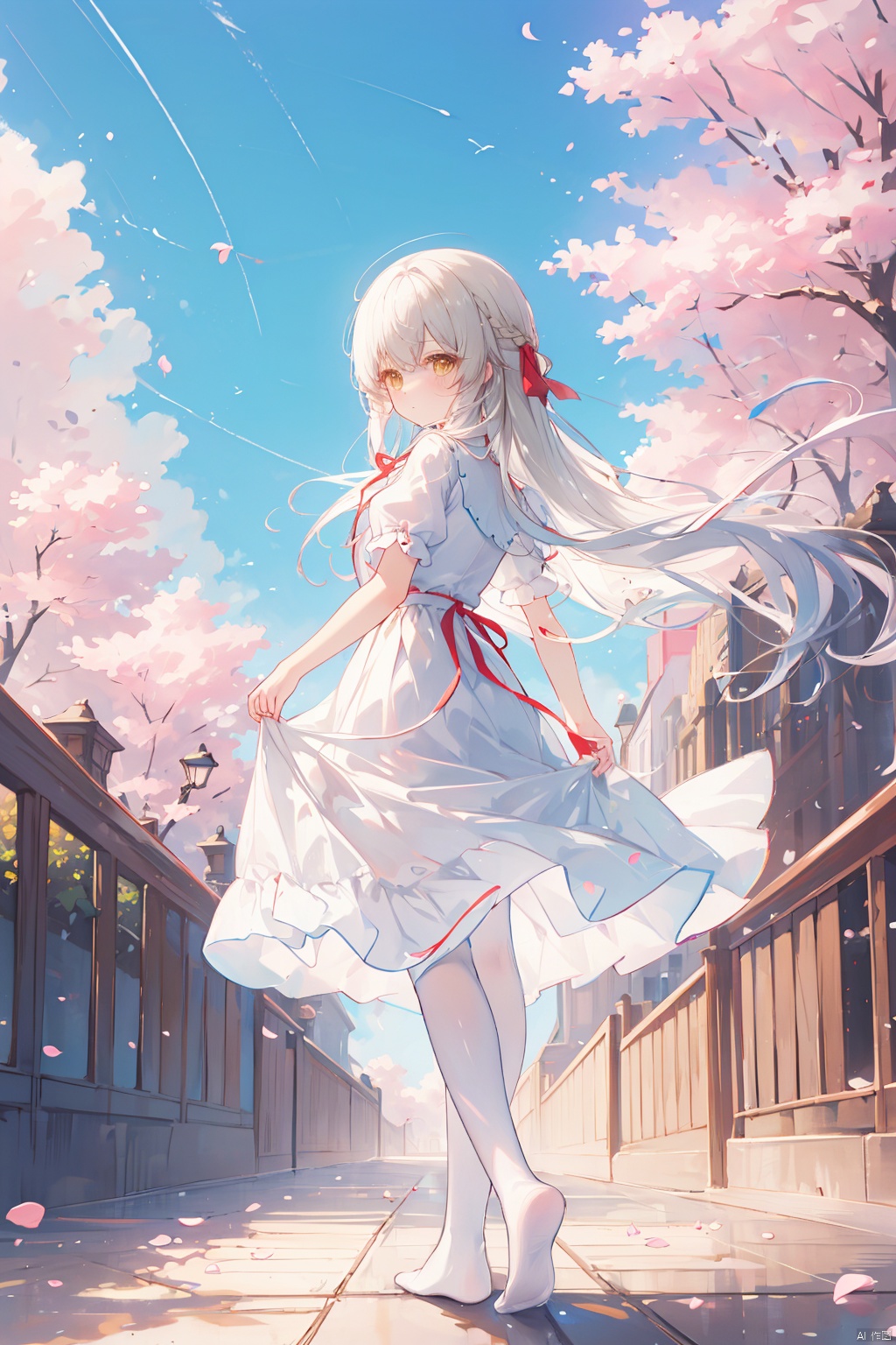 masterpiece,best quality,high quality,loli,1girl, solo, long hair, looking at viewer, blush, bangs, white pantyhose, dress, ribbon, brown eyes, very long hair, closed mouth, standing, full body, yellow eyes, white hair, short sleeves, outdoors, sky,no shoes, day, puffy sleeves, looking back, cloud, from behind, white dress,no shoes, red ribbon, tree, blue sky, puffy short sleeves, petals, cherry blossoms, skirt hold,