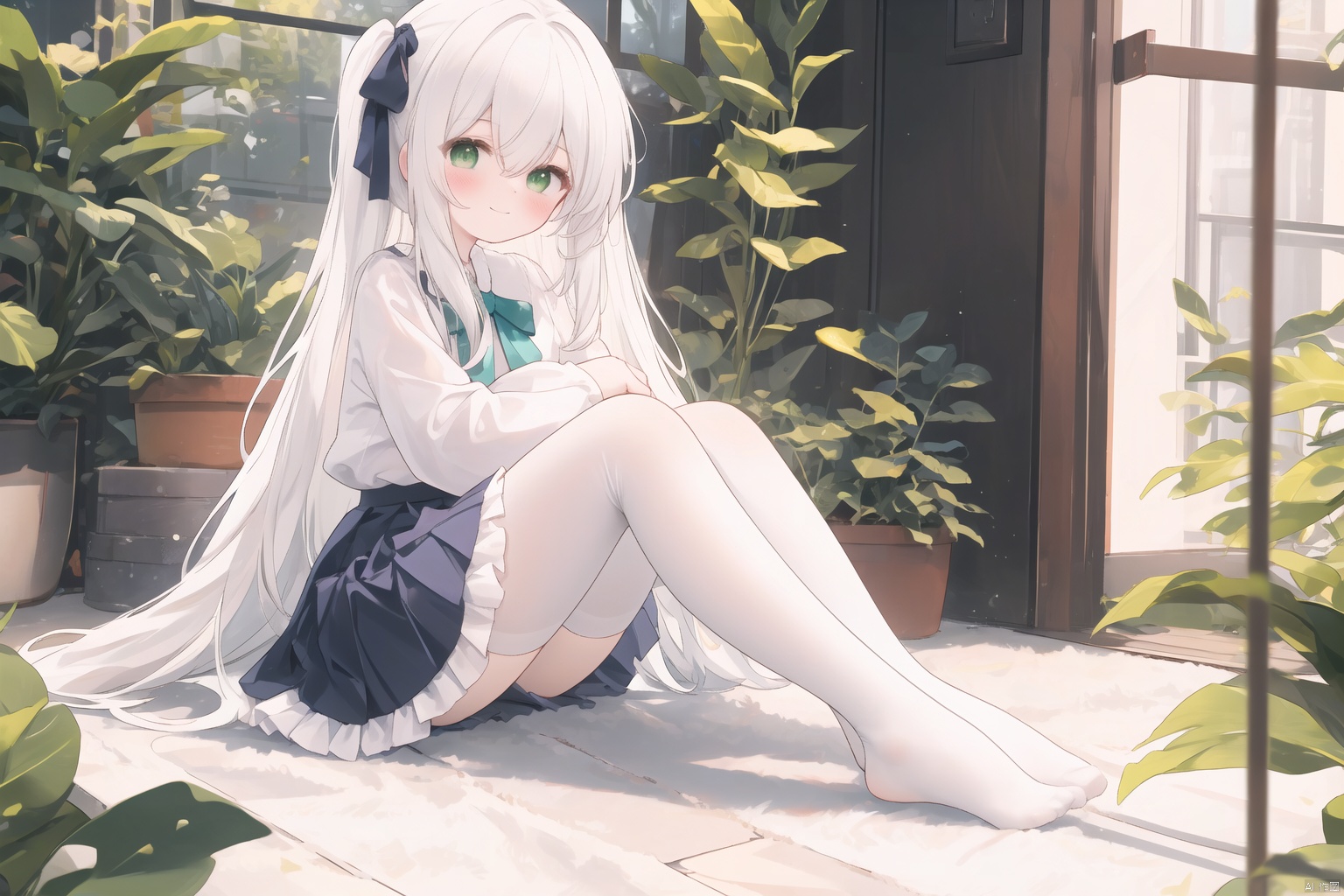  masterpiece,best quality,high quality,(colorful),1girl, solo, long hair, white pantyhose,toeless_legwear, green eyes, sitting, skirt, long sleeves, no shoes, looking at viewer, white hair, smile, white shirt, closed mouth, shirt, blush, frills, bow, hair between eyes, center frills, hair bow, full body, chair, plant, very long hair, frilled skirt, ribbon, indoors, sleeves past wrists, puffy sleeves