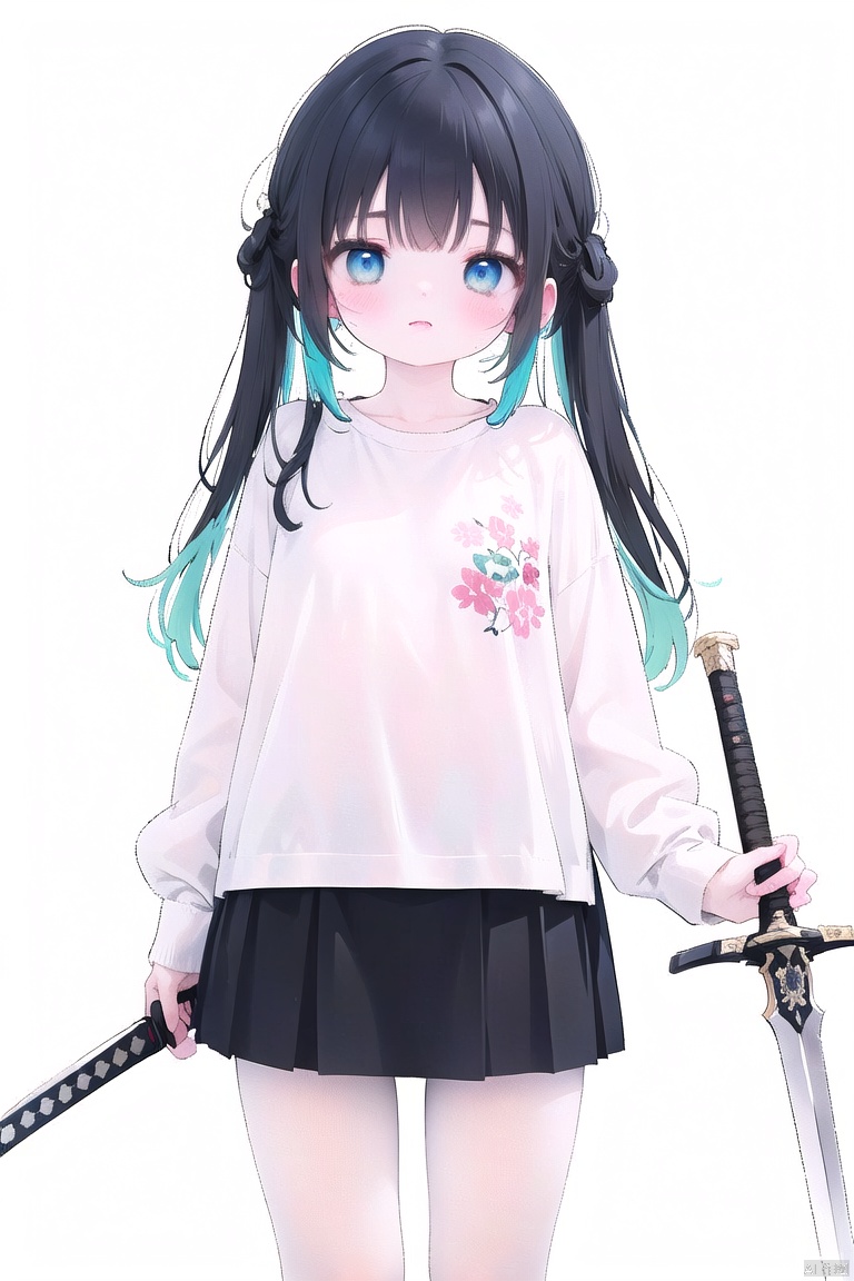  masterpiece,best quality,high quality,(colorful),[Artist onineko],[Artist chen bin],[Artist agwing86],Artist xukong, 1girl, solo, weapon, long hair, blue eyes, holding weapon, sword, holding, holding sword, looking at viewer, black hair, skirt, shirt, white shirt, long sleeves, white pantyhose,toeless_legwear