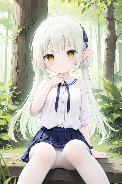  masterpiece,best quality,high quality,(colorful),[Artist miwano rag],[Artist toosaka asagi],[Artist wlop],[Artist chen bin],loli,1girl, solo, petite,loli,elf girl,pointy_ears,small breast, :),Trees, huge trees, Sitting on a branch of a tree, (chibi:0.1), masterpiece,bestquality, white hair,green hair,green eyes,symbol-shaped pupils, bangs, breasts,cross-shaped pupils, hair ornament, gradient hair,white pantyhose,toeless_legwear,