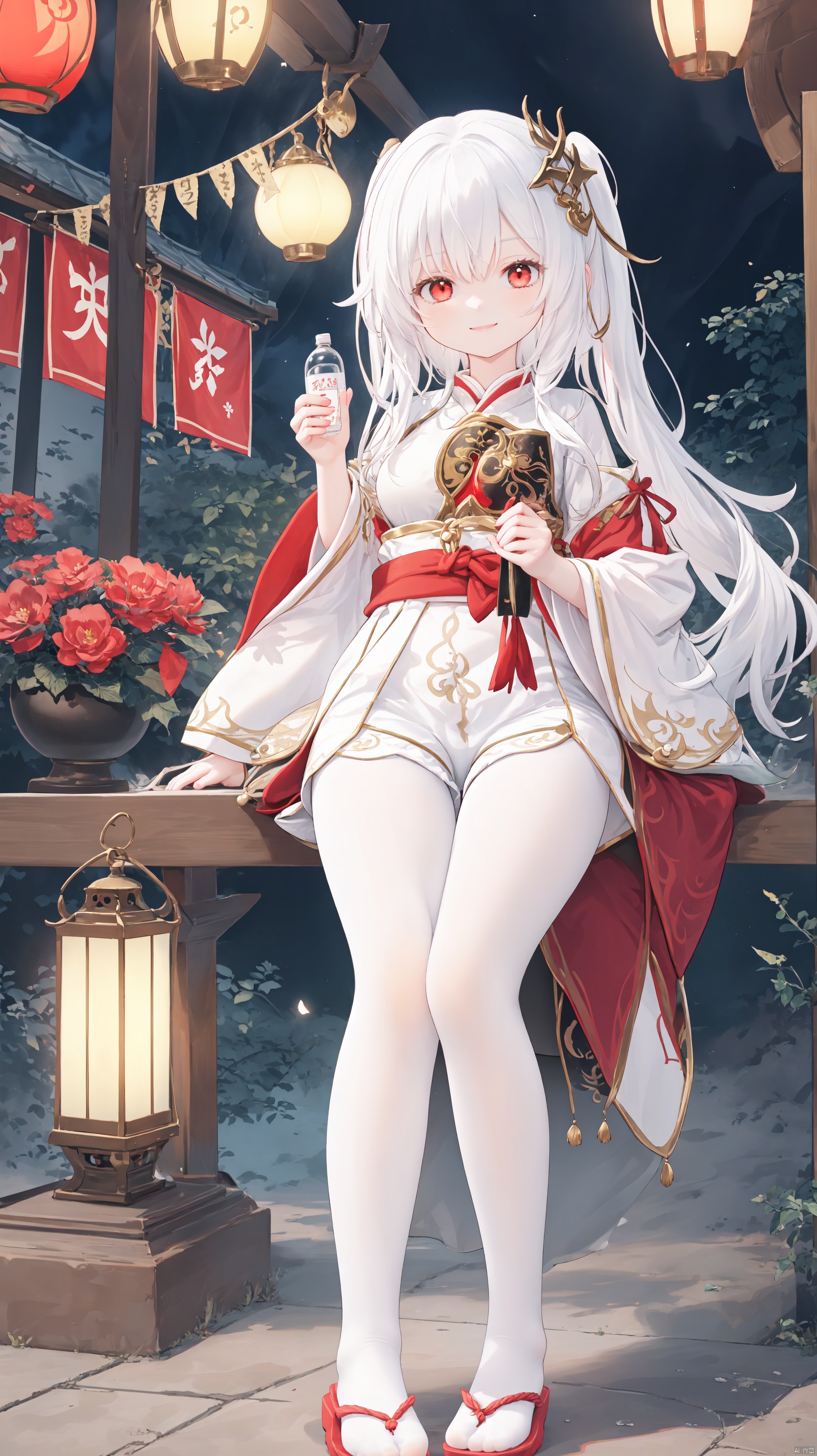  1girl, red_eyes, shide, bottle, flower, solo, white_hair, hair_ornament, holding, bird, bell, white pantyhose, shorts,  red_flower, hair_bell, black_shorts, looking_at_viewer, holding_bottle, breasts, wide_sleeves, horns, smile, lantern, outdoors, rope, cup, sakazuki, signature, white pantyhose,toeless_legwear, multicolored_hair, food, jingle_bell, red_hair, long_sleeves, japanese_clothes, sake_bottle, torii, holding_cup