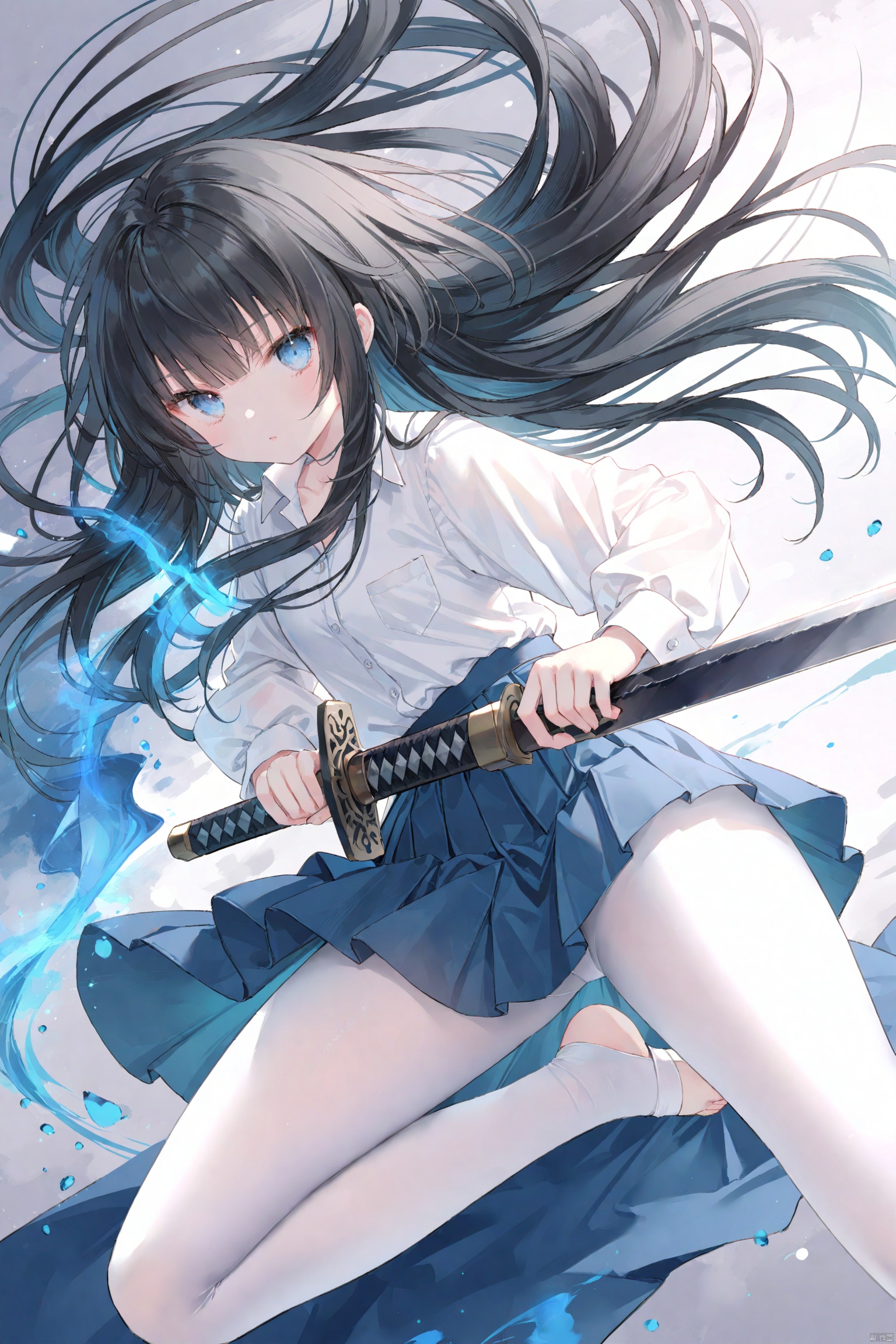  masterpiece,best quality,high quality,(colorful),[Artist onineko],[Artist chen bin],[Artist agwing86],Artist xukong, 1girl, solo, weapon, long hair, blue eyes, holding weapon, sword, holding, holding sword, looking at viewer, black hair, skirt, shirt, white shirt, long sleeves, white pantyhose,toeless_legwear