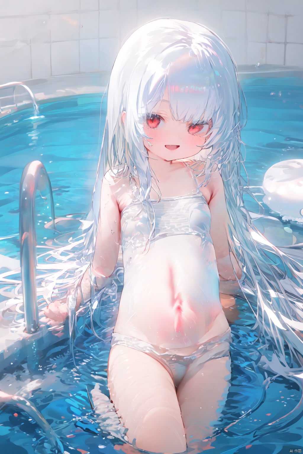  nai3,1girl,white hair,red eyes,1girl, solo, swimsuit, long_hair, pool, one-piece_swimsuit, smile, looking_at_viewer, school_swimsuit, open_mouth, breasts, wet, bangs, :d, water, white_hair, poolside, bare_arms, blush, bare_shoulders, small_breasts, black_one-piece_swimsuit, arm_support, blue_one-piece_swimsuit, collarbone, sidelocks, tile_floor, tiles, very_long_hair,best quality, amazing quality, very aesthetic, absurdres,white pantyhose,pregnant