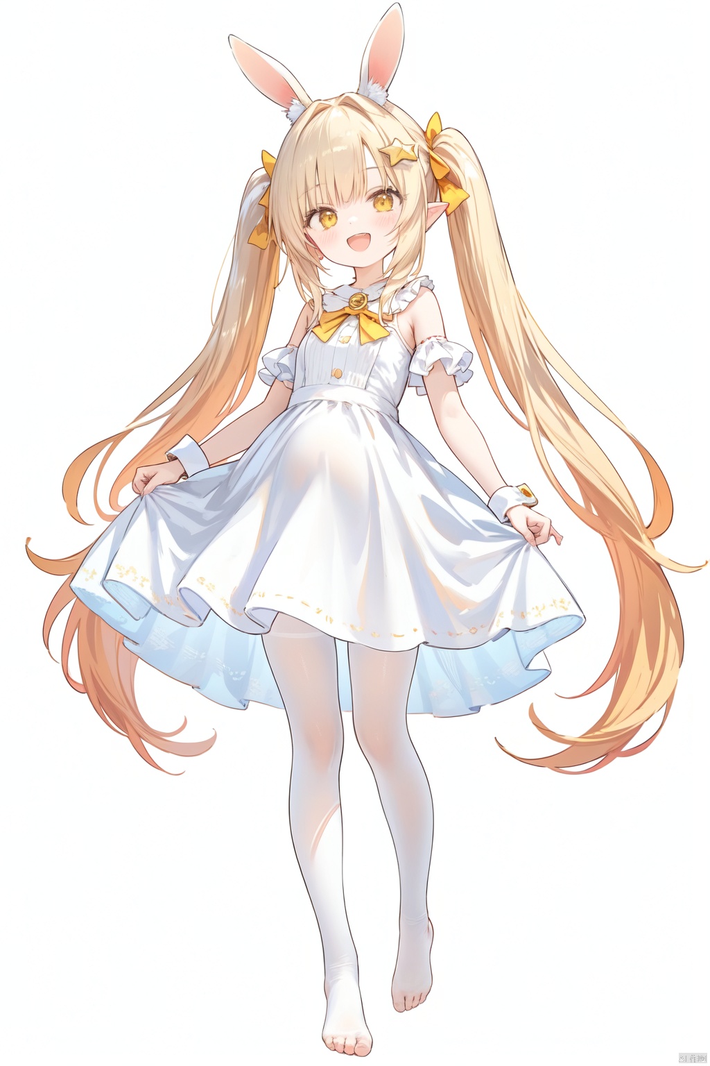 1girl, solo, long hair, looking at viewer, blush, smile, open mouth, bangs, blonde hair, simple background, hair ornament, white background, dress, bow, animal ears, bare shoulders, twintails, brown eyes, very long hair, full body, yellow eyes, :d, hair bow, barefoot, star \(symbol\), white dress, rabbit ears, low twintails, crescent, rabbit, skirt hold,white pantyhose,pregnant