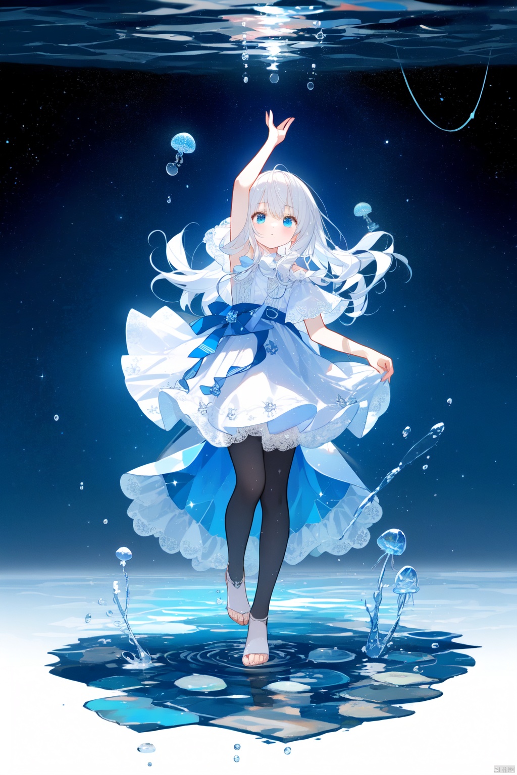 Multi layer white lace skirt,on  water surface, full body picture, white,pantyhose,stepping on the water surface, ripples, falling from the sky to the water surface, white haired blue eyed girl, jellyfish head, two strands of long hair, starry sky, dancing posture, blue courtesy, toeless_legwear