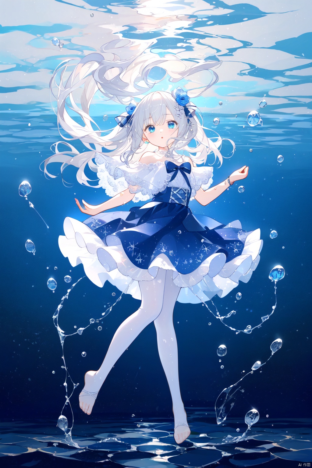 Multi layer white lace skirt,on  water surface, full body picture, white,pantyhose,stepping on the water surface, ripples, falling from the sky to the water surface, white haired blue eyed girl, jellyfish head, two strands of long hair, starry sky, dancing posture, blue courtesy, toeless_legwear