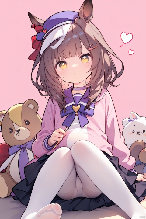 1girl, solo,Yellow eyes, brown hair, medium hair, （horse ears, Horse Tail）, red hat, hair ornament, 
masterpiece, best quality, looking at viewer, bangs, skirt, shirt,long sleeves, bow, ribbon, sitting, monochrome, hair bow, heart, pantyhose, frills, food, no shoes, choker, blunt bangs, black skirt, symbol-shaped pupils, heart-shaped pupils, stuffed toy, pink background, stuffed animal, frilled skirt, pink bow, fishnets, candy, bandaid, pink shirt, teddy bear, lollipop, pink theme, jirai kei, lam style, colorful hair, hiqcgbody, masterpiece, best quality, holographic, holographic ccozy anime, moyou, AGM, soft, WhitePantyhose, , white pantyhose, girl, nai3, loli,matikane_tannhauser_(umamusume),pregnant