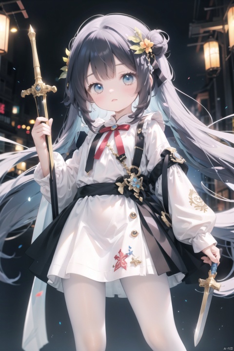  masterpiece,best quality,high quality,(colorful),[Artist onineko],[Artist chen bin],[Artist agwing86],Artist xukong, 1girl, solo, weapon, long hair, blue eyes, holding weapon, sword, holding, holding sword, looking at viewer, black hair, skirt, shirt, white shirt, long sleeves, white pantyhose,toeless_legwear