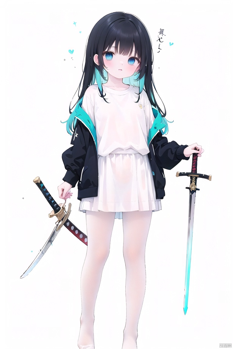  masterpiece,best quality,high quality,(colorful),[Artist onineko],[Artist chen bin],[Artist agwing86],Artist xukong, 1girl, solo, weapon, long hair, blue eyes, holding weapon, sword, holding, holding sword, looking at viewer, black hair, skirt, shirt, white shirt, long sleeves, white pantyhose,toeless_legwear