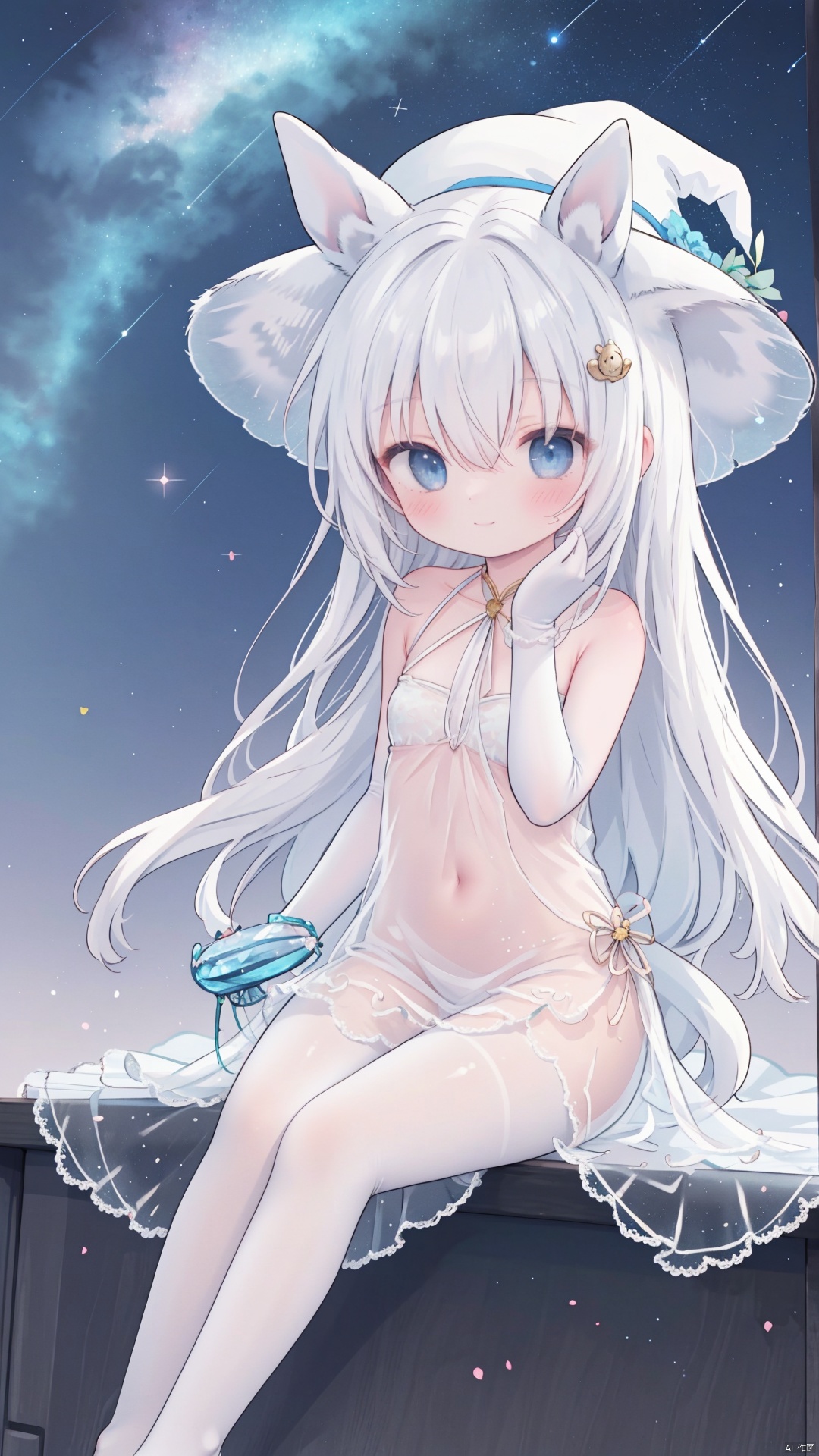 1girl, pleasant, loli, solo, animal ears, (horse ears:1.4), perfect face, round face, (perfect hands), (long straight hair), hair ornament, blue rose, bangs, hair between eyes,closed mouth, gentle smile, witch hat, (halter neck, strapless dress, sleeveless dress, (see-through)), covered breasts, bare shoulder, sleeveless), gown, neck jewelry, lace, elegant, elbow gloves, gold_trim,white pantyhose,toeless_legwear, full body, sitting in the sky,head slit, small breasts, starry sky, night