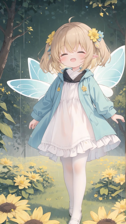  raincoat, pop style, glowing, Ears, 1 girl, full body, fairy, yellow flower, brown hair, open mouth, closed eyes, blonde hair, blue flower, masterpiece, best quality,white_pantyhose
