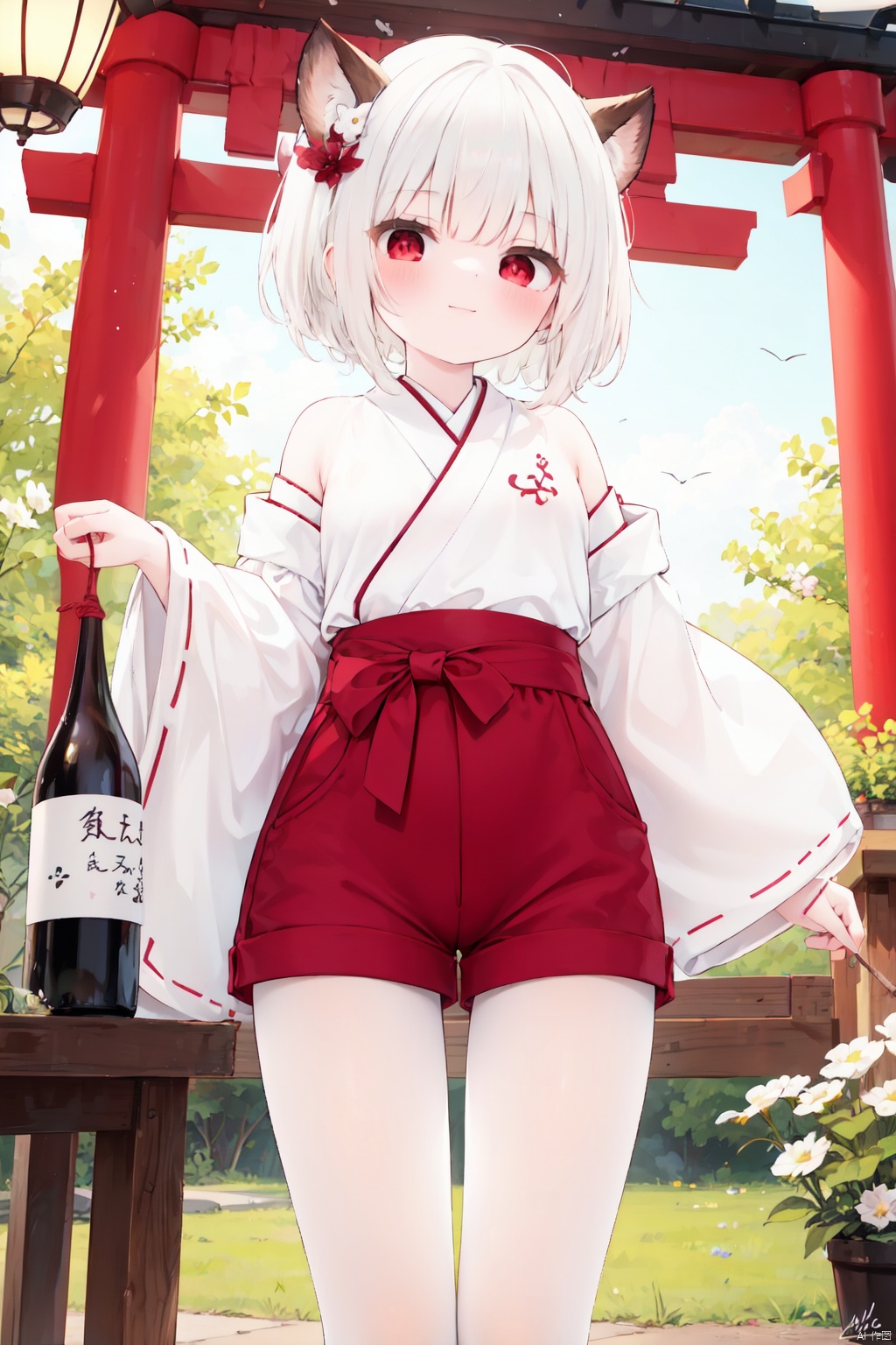  1girl, red_eyes, shide, bottle, flower, solo, white_hair, hair_ornament, holding, bird, bell, white pantyhose, shorts,  red_flower, hair_bell, black_shorts, looking_at_viewer, holding_bottle, breasts, wide_sleeves, horns, smile, lantern, outdoors, rope, cup, sakazuki, signature, white pantyhose,toeless_legwear, multicolored_hair, food, jingle_bell, red_hair, long_sleeves, japanese_clothes, sake_bottle, torii, holding_cup