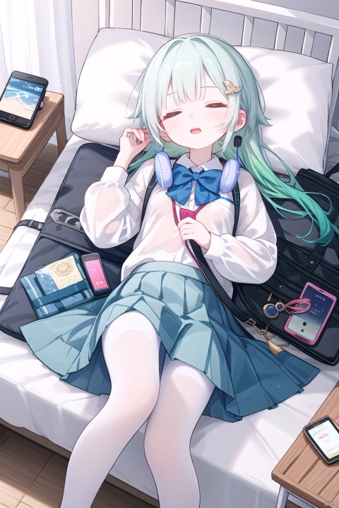 masterpiece,best quality,high quality,(colorful),[Artist onineko],[Artist chen bin],[Artist agwing86],Artist minato ojitan, 1girl, solo, lying, phone, on back, cellphone, skirt, closed eyes, bow, pillow, smartphone, white pantyhose, shirt, hair ornament, pleated skirt, sleeping, earphones, white shirt, school uniform, on bed, indoors, long hair, bowtie, blush, bed, hairclip, toeless_legwear, long sleeves, grey skirt, earbuds, breasts,open mouth, bag, school bag, collared shirt, no shoes, open skirt, small breasts, wooden floor, from above, black bowtie, white hair,green hair,hair ornament, gradient hair,nahida (genshin impact)