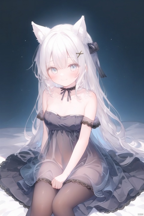 1girl, pleasant, loli, solo, animal ears, (horse ears:1.4), perfect face, round face, (perfect hands), (long straight hair), hair ornament, blue rose, bangs, hair between eyes,closed mouth, gentle smile, witch hat, (halter neck, strapless dress, sleeveless dress, (see-through)), covered breasts, bare shoulder, sleeveless), gown, neck jewelry, lace, elegant, elbow gloves, gold_trim,white pantyhose,toeless_legwear, full body, sitting in the sky,head slit, small breasts, starry sky, night