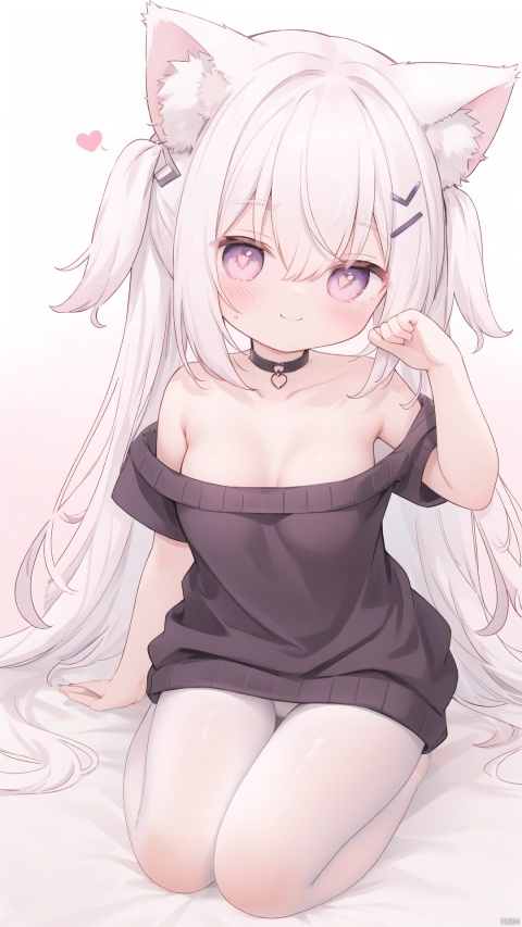  petite, loli, solo, animal ears, heart, puffy short sleeves, white hair, long hair, off shoulder, bangs, hair ornament, gradient background,rainbow gradient, x hair ornament, animal ear fluff, looking at viewer, very long hair, blush, smile, cat ears, bare shoulders, collarbone, hand up, gradient sweater, hair between eyes, symbol-shaped pupils, arm up, heart-shaped pupils, hairclip, medium breasts, salute, bare legs,full body,white pantyhose
