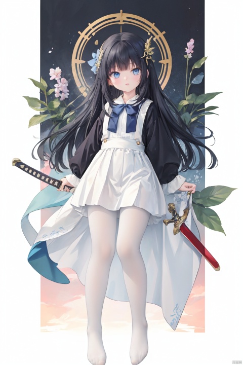  masterpiece,best quality,high quality,(colorful),[Artist onineko],[Artist chen bin],[Artist agwing86],Artist xukong, 1girl, solo, weapon, long hair, blue eyes, holding weapon, sword, holding, holding sword, looking at viewer, black hair, skirt, shirt, white shirt, long sleeves, white pantyhose,toeless_legwear