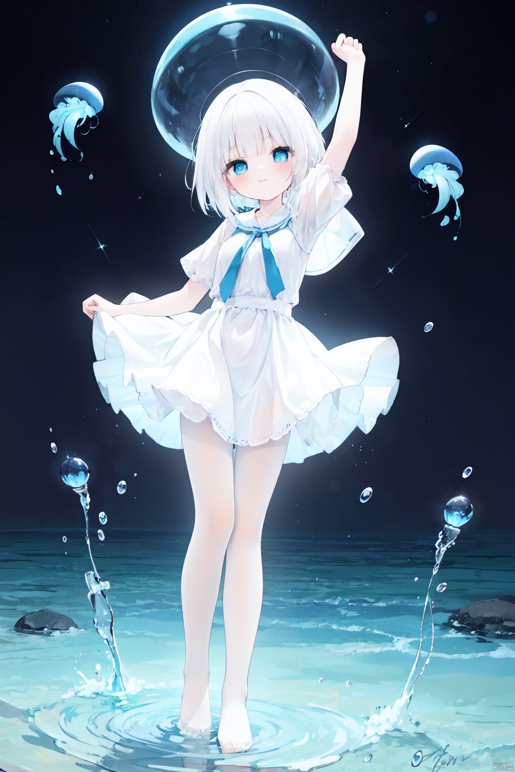 Multi layer white lace skirt,on water surface, full body picture, white,pantyhose,stepping on the water surface, ripples, falling from the sky to the water surface, white haired blue eyed girl, jellyfish head, two strands of long hair, starry sky, dancing posture, blue courtesy, toeless_legwear