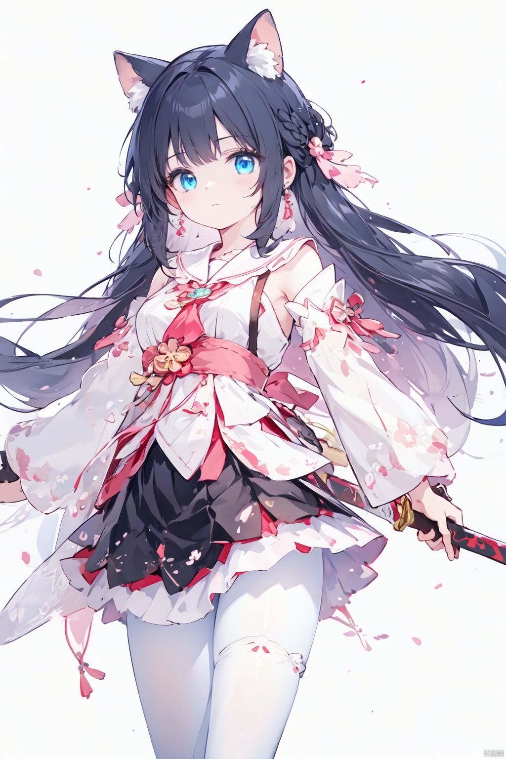  masterpiece,best quality,high quality,(colorful),[Artist onineko],[Artist chen bin],[Artist agwing86],Artist xukong, 1girl, solo, weapon, long hair, blue eyes, holding weapon, sword, holding, holding sword, looking at viewer, black hair, skirt, shirt, white shirt, long sleeves, white pantyhose,toeless_legwear