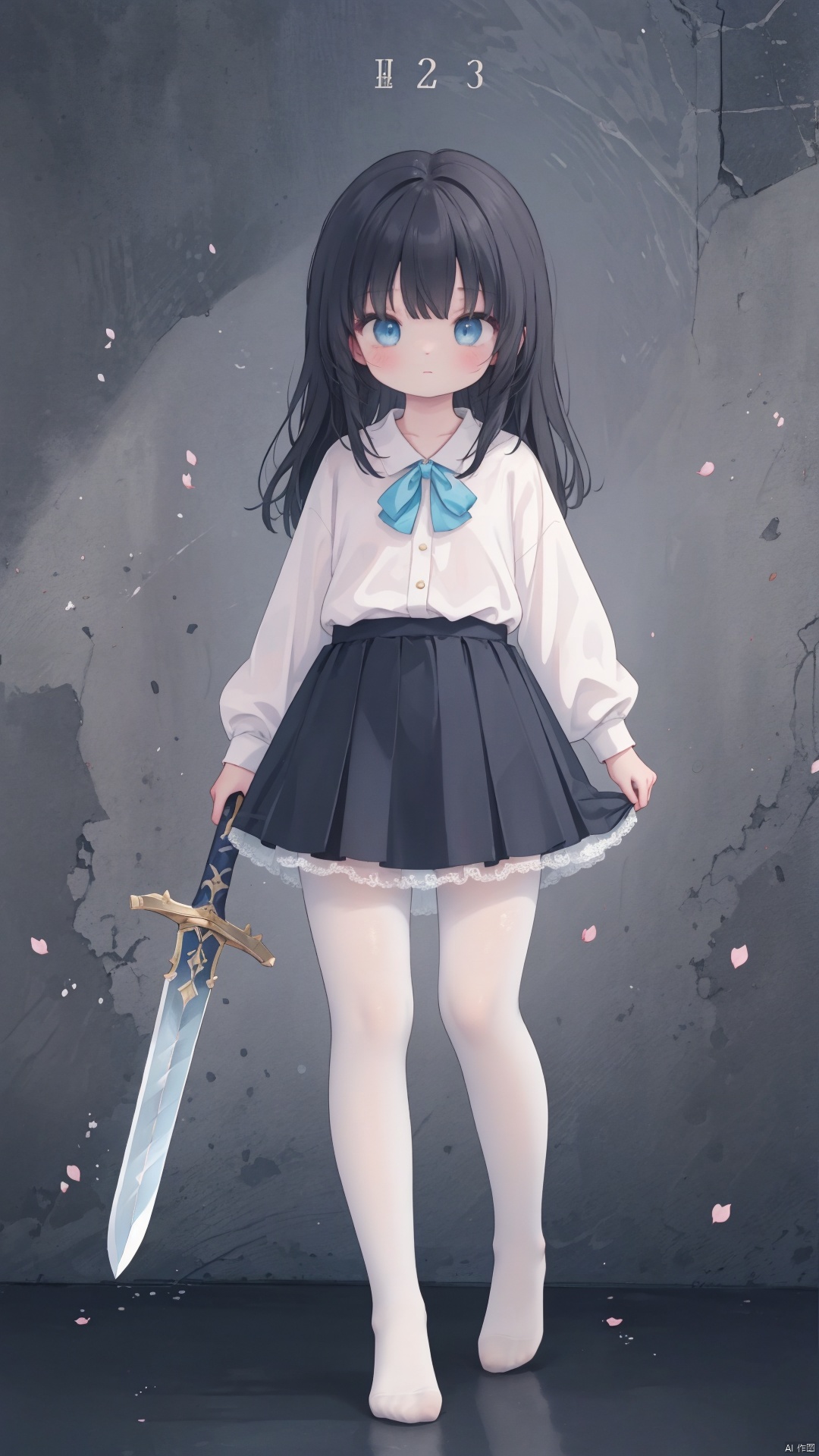  masterpiece,best quality,high quality,(colorful),[Artist onineko],[Artist chen bin],[Artist agwing86],Artist xukong, 1girl, solo, weapon, long hair, blue eyes, holding weapon, sword, holding, holding sword, looking at viewer, black hair, skirt, shirt, white shirt, long sleeves, white pantyhose,toeless_legwear