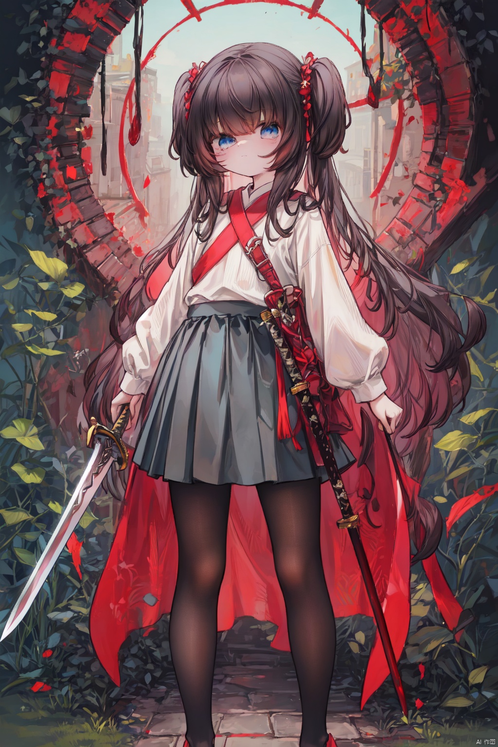  masterpiece,best quality,high quality,(colorful),[Artist onineko],[Artist chen bin],[Artist agwing86],Artist xukong, 1girl, solo, weapon, long hair, blue eyes, holding weapon, sword, holding, holding sword, looking at viewer, black hair, skirt, shirt, white shirt, long sleeves, black pantyhose,toeless_legwear