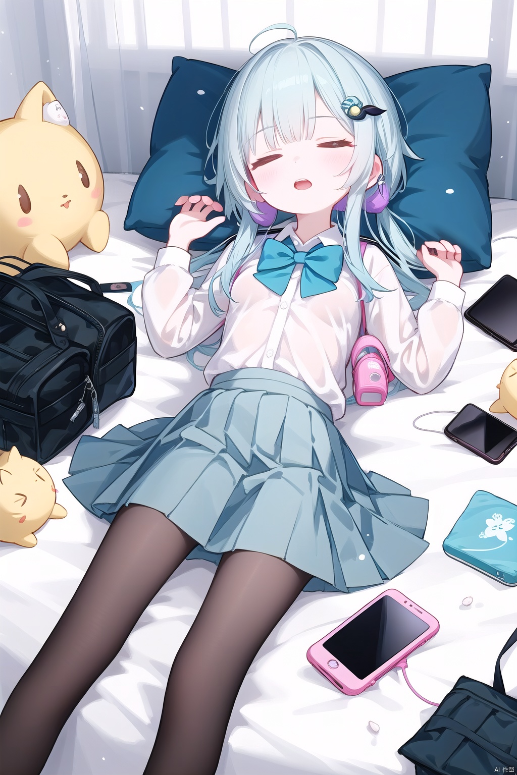 masterpiece,best quality,high quality,(colorful),[Artist onineko],[Artist chen bin],[Artist agwing86],Artist minato ojitan, 1girl, solo, lying, phone, on back, cellphone, skirt, closed eyes, bow, pillow, smartphone, white pantyhose, shirt, hair ornament, pleated skirt, sleeping, earphones, white shirt, school uniform, on bed, indoors, long hair, bowtie, blush, bed, hairclip, toeless_legwear, long sleeves, grey skirt, earbuds, breasts,open mouth, bag, school bag, collared shirt, no shoes, open skirt, small breasts, wooden floor, from above, black bowtie, white hair,green hair,hair ornament, gradient hair,nahida (genshin impact)