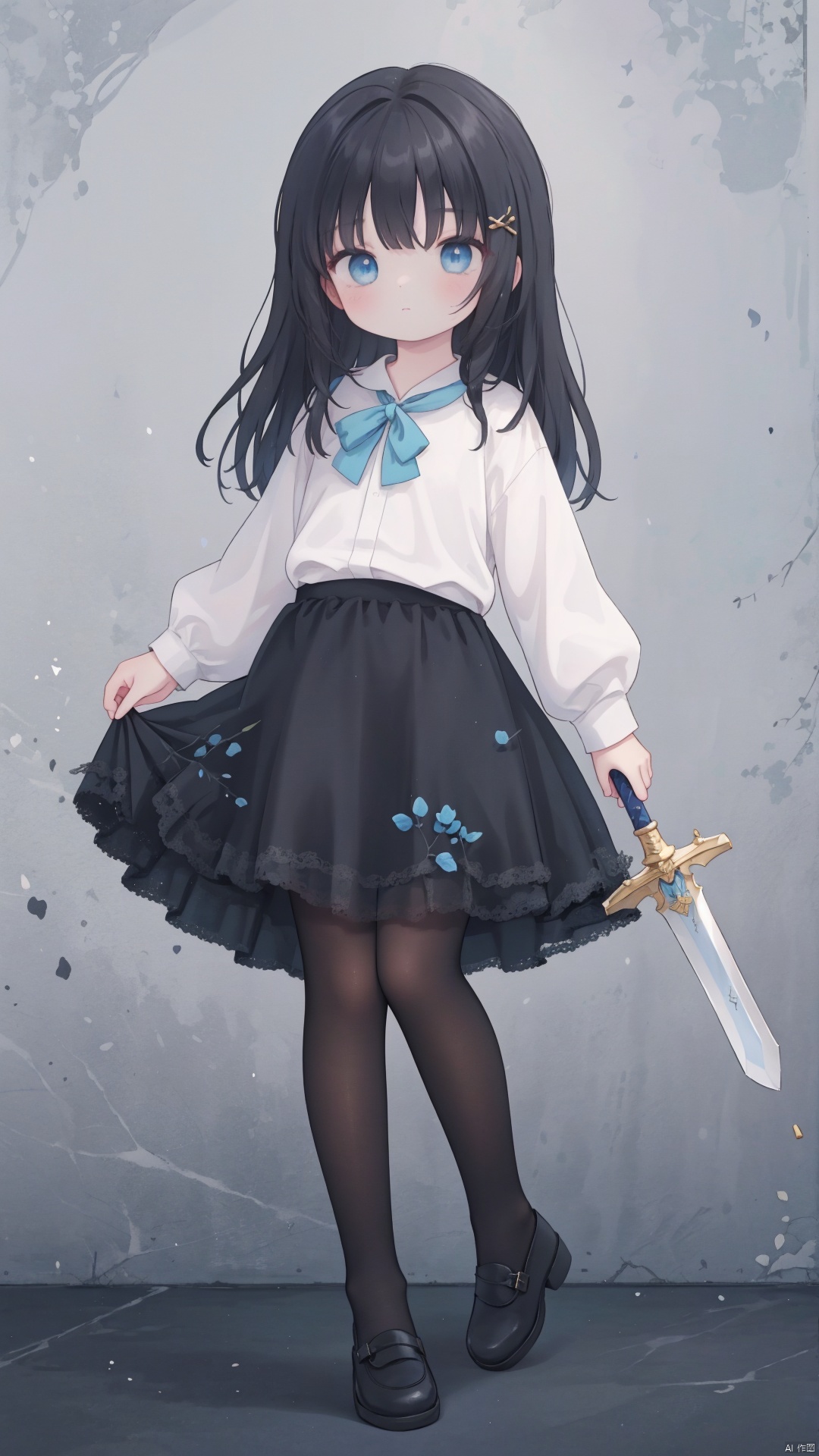  masterpiece,best quality,high quality,(colorful),[Artist onineko],[Artist chen bin],[Artist agwing86],Artist xukong, 1girl, solo, weapon, long hair, blue eyes, holding weapon, sword, holding, holding sword, looking at viewer, black hair, skirt, shirt, white shirt, long sleeves, white pantyhose,toeless_legwear