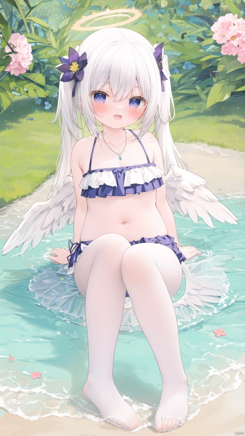  masterpiece,best quality,high quality,(colorful),[Artist miwano rag],[Artist chen bin],[Artist wlop],Artist momomoi momoi, 1girl, solo, hair ornament, azusa (blue archive), swimsuit, hair flower, bikini, long hair, flower, necklace, jewelry, frilled bikini, looking at viewer, frills, hair between eyes, blush, open mouth, smile, wings, halo, bow, bead necklace, strapless, beads, ahoge, bare shoulders, strapless bikini, outdoors, purple flower, official alternate costume, knees up, crossed bangs, white hair,white pantyhose,toeless_legwear