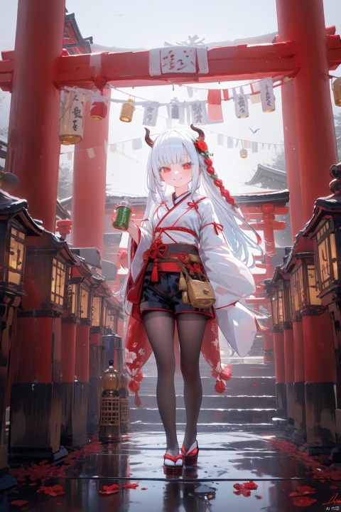  1girl, red_eyes, shide, bottle, flower, solo, white_hair, hair_ornament, holding, bird, bell, white pantyhose, shorts,  red_flower, hair_bell, black_shorts, looking_at_viewer, holding_bottle, breasts, wide_sleeves, horns, smile, lantern, outdoors, rope, cup, sakazuki, signature, white pantyhose, multicolored_hair, food, jingle_bell, red_hair, long_sleeves, japanese_clothes, sake_bottle, torii, holding_cup
