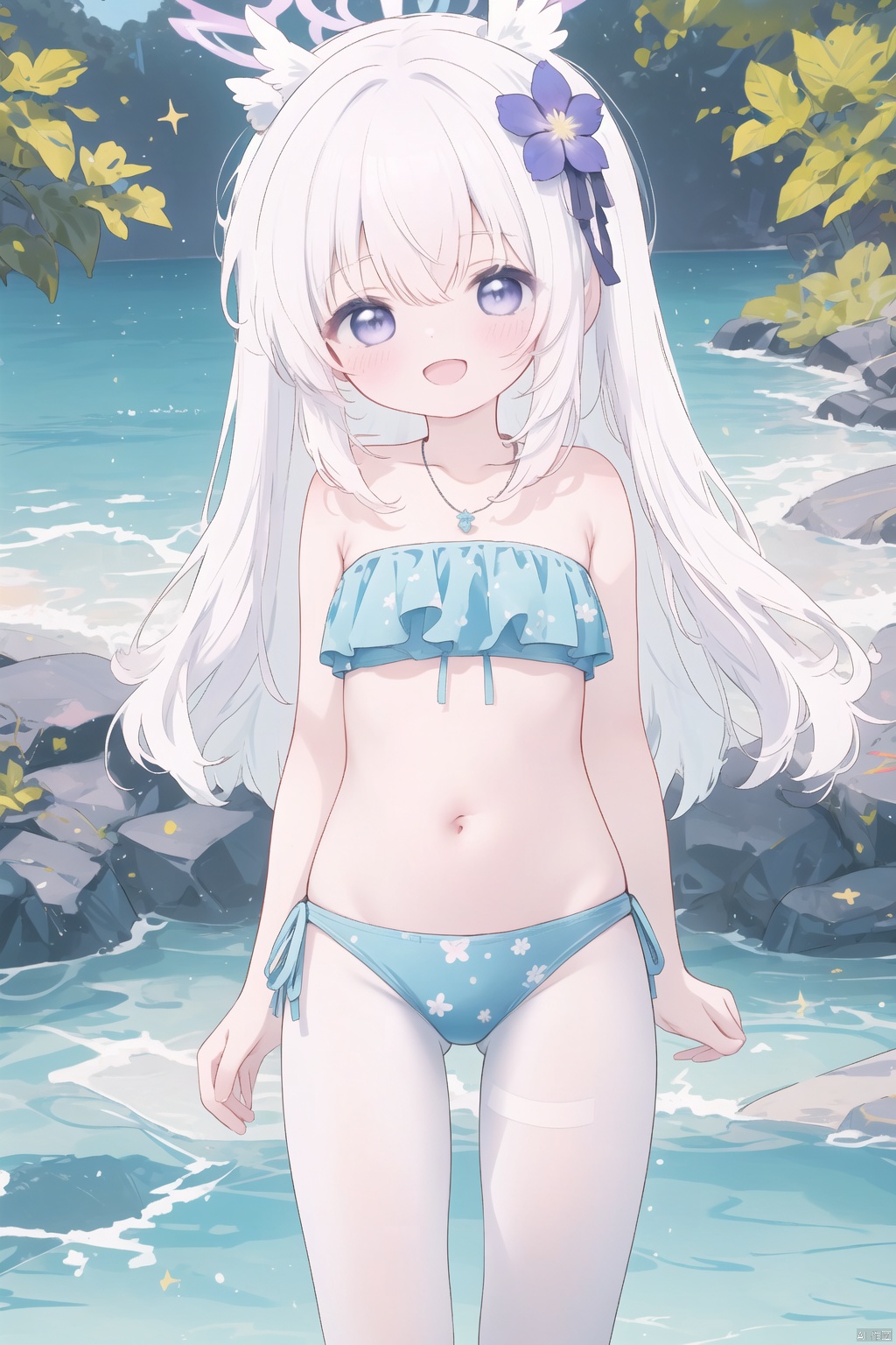  masterpiece,best quality,high quality,(colorful),[Artist miwano rag],[Artist chen bin],[Artist wlop],Artist momomoi momoi, 1girl, solo, hair ornament, azusa (blue archive), swimsuit, hair flower, bikini, long hair, flower, necklace, jewelry, frilled bikini, looking at viewer, frills, hair between eyes, blush, open mouth, smile, wings, halo, bow, bead necklace, strapless, beads, ahoge, bare shoulders, strapless bikini, outdoors, purple flower, official alternate costume, knees up, crossed bangs, white hair,white pantyhose,toeless_legwear