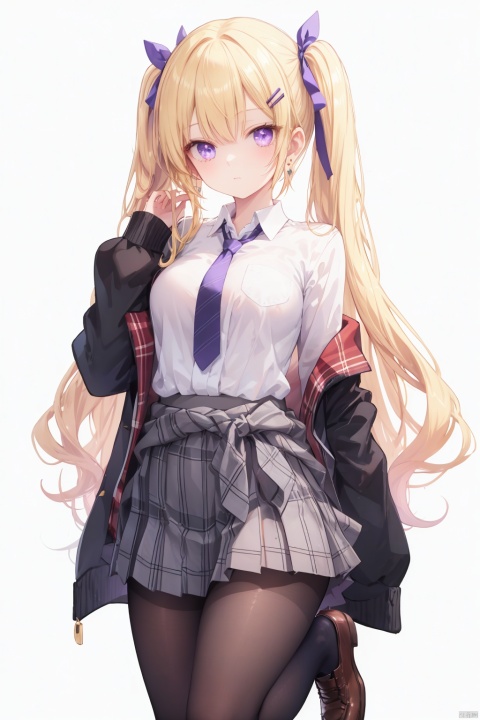 1girl, solo, best quality, black background, simple background, transparent background, looking at viewer, closed mouth, purple eyes, blonde hair, very long hair, twintails, hairclip, breasts, school uniform, plaid skirt, white shirt, pleated skirt, shoes, kneehighs, checkered skirt, jacket around waist, white pantyhose, short sleeves, ribbon, purple necktie, earrings