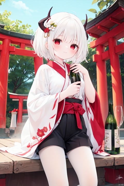  1girl, red_eyes, shide, bottle, flower, solo, white_hair, hair_ornament, holding, bird, bell, white pantyhose, shorts,  red_flower, hair_bell, black_shorts, looking_at_viewer, holding_bottle, breasts, wide_sleeves, horns, smile, lantern, outdoors, rope, cup, sakazuki, signature, white pantyhose,toeless_legwear, multicolored_hair, food, jingle_bell, red_hair, long_sleeves, japanese_clothes, sake_bottle, torii, holding_cup